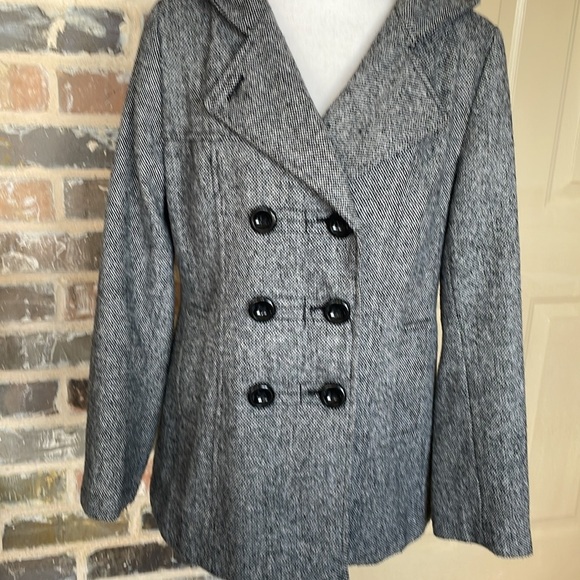 Croft & Barrow Tweed Wool Hooded Pea Coat Jacket Double Breasted Gray Black Med - Picture 6 of 13